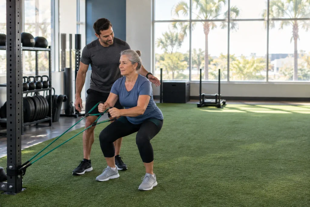 Older gym member strength training confidently with a supportive coach nearby