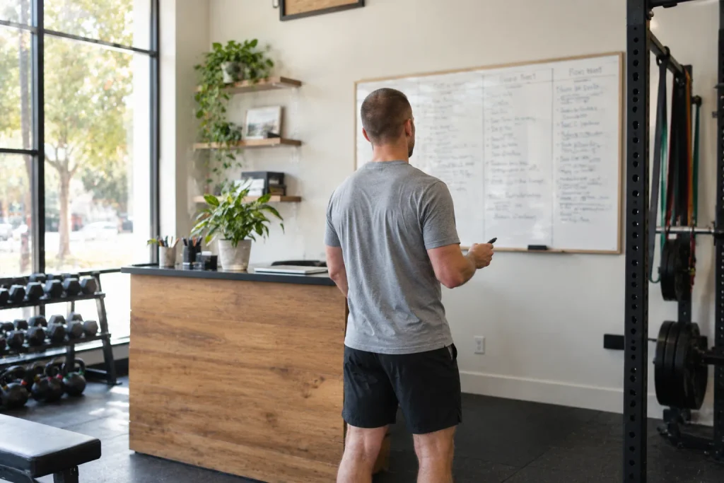 Gym coach at a wall whiteboard, the manual tracking that gym leaderboard software replaces.