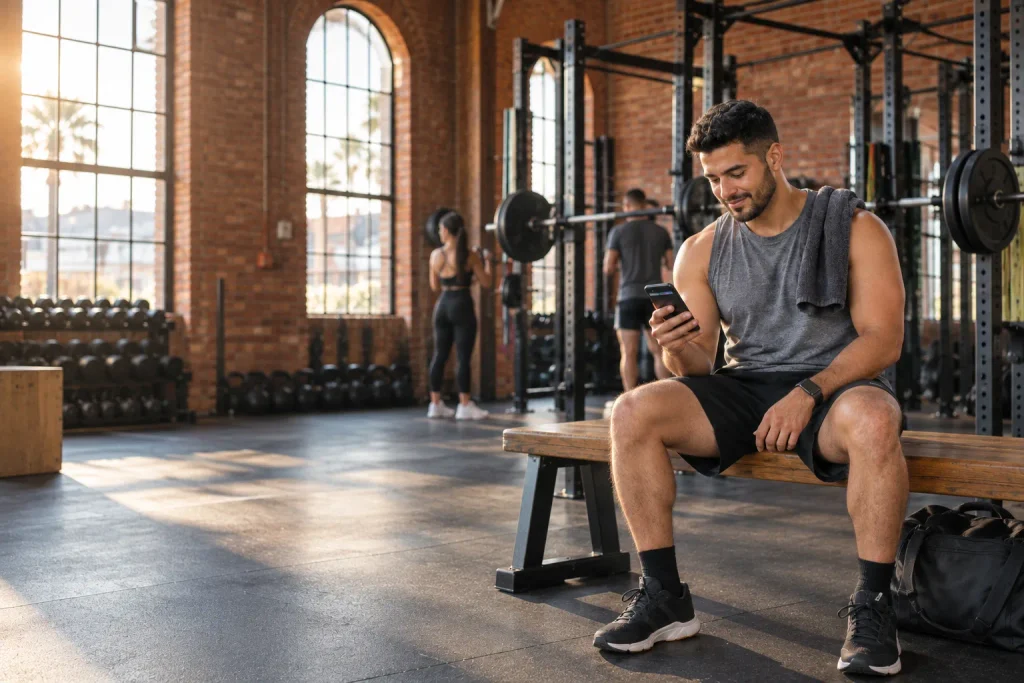 Gym member checking weekly progress on his phone after a set, showing how to reduce gym churn.