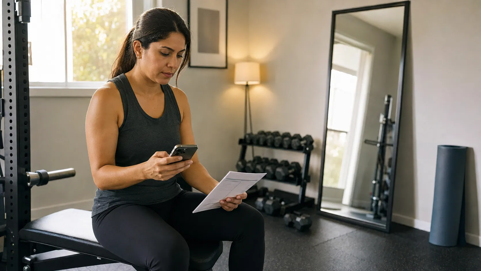 Woman reviewing her training log to diagnose a lifting plateau