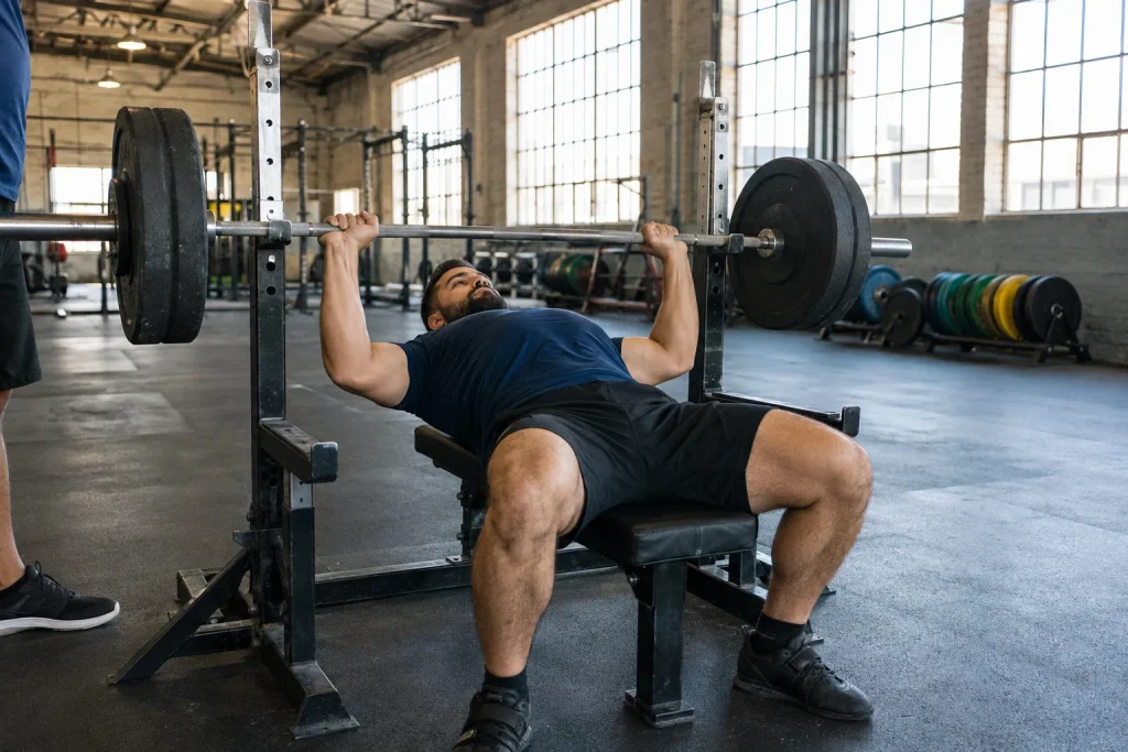 Man performing a paused bench press to target a weak lockout