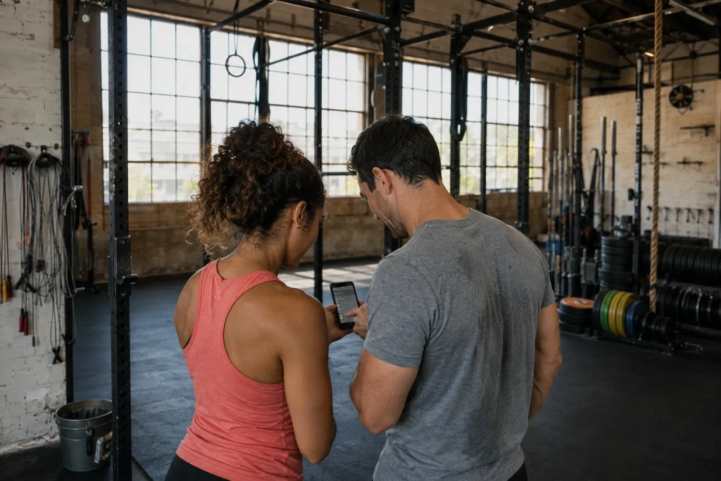 Two lifters checking PR tracking data to spot a training plateau