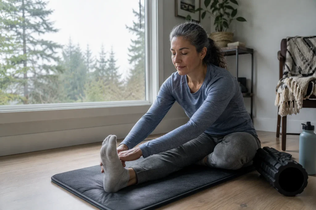 Woman stretching during a recovery day to help break a training plateau