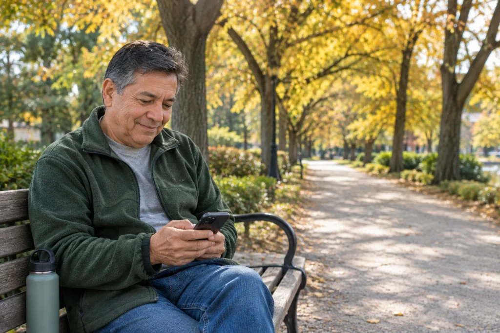 Man on a park bench checking his daily steps against a step count goal for older adults.
