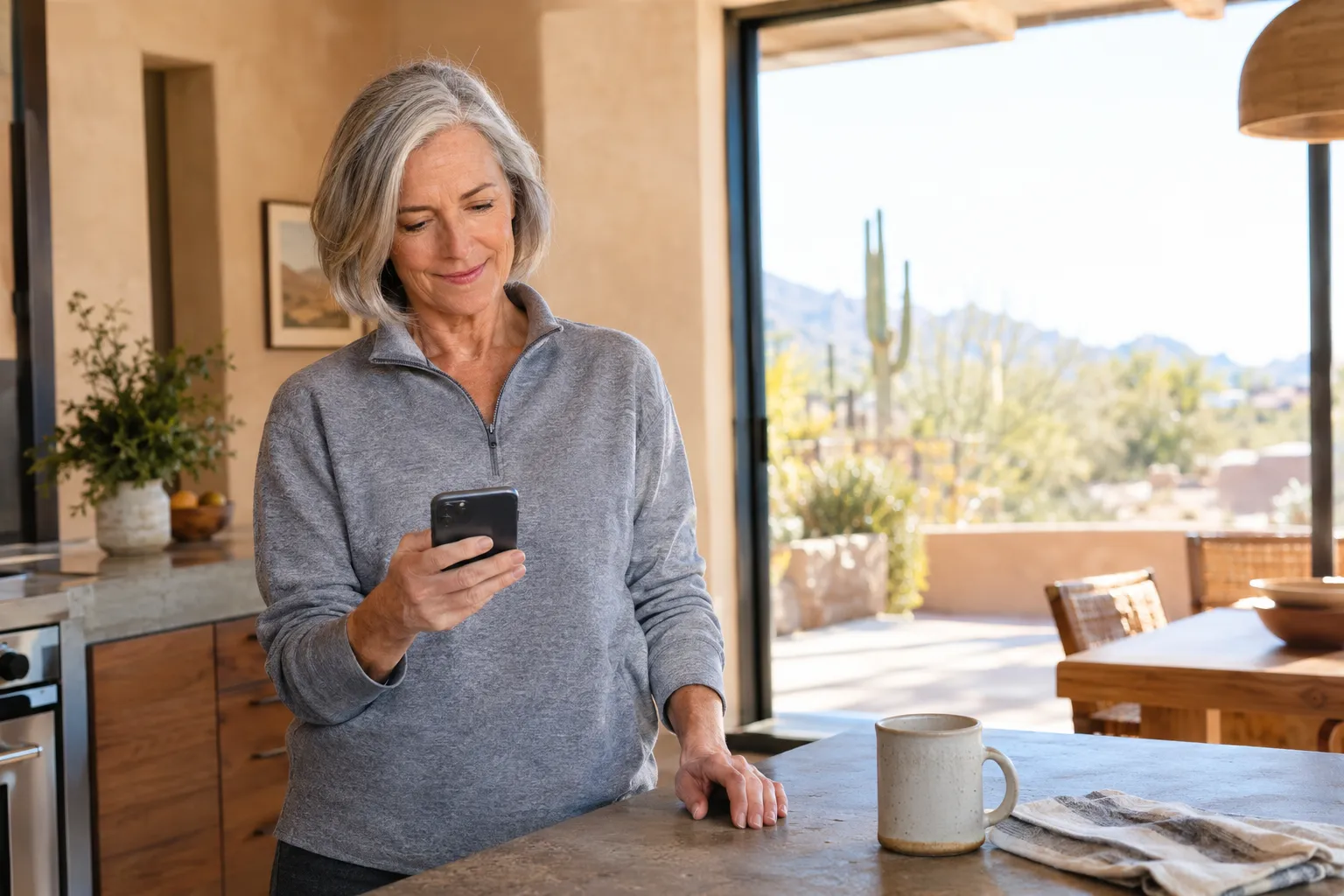 Woman in her sixties reviewing fitness apps for seniors over 60 on her phone at home.