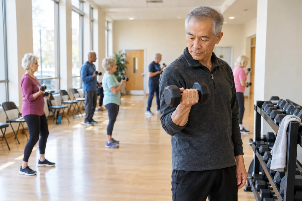 Man choosing dumbbells at a senior center, progressive overload for seniors.
