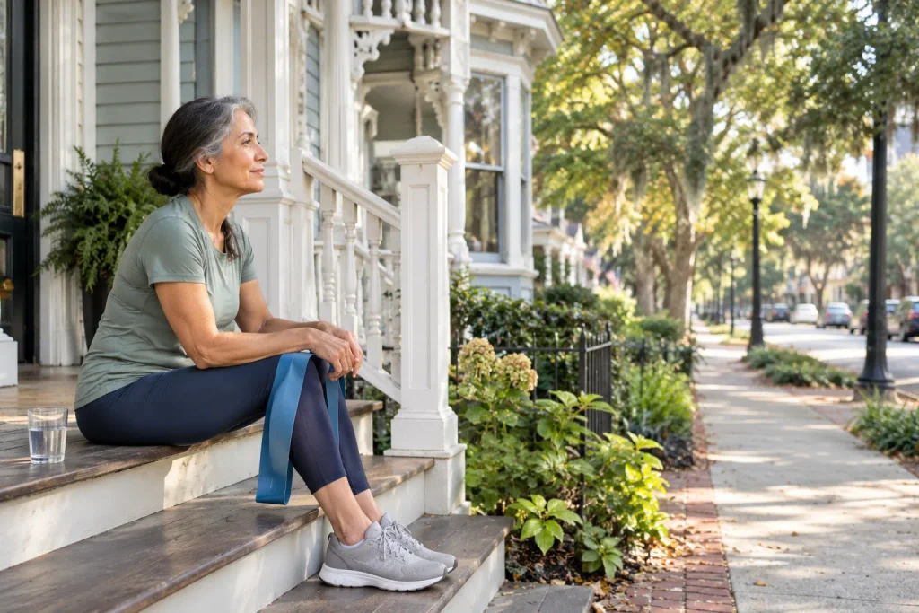 Older woman resting on a porch step, judging effort after a set with perceived exertion.