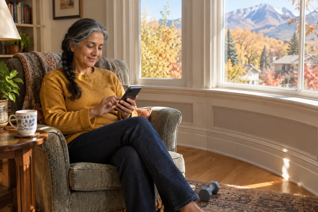 Woman checking a workout journal app on her phone after a strength session at home.