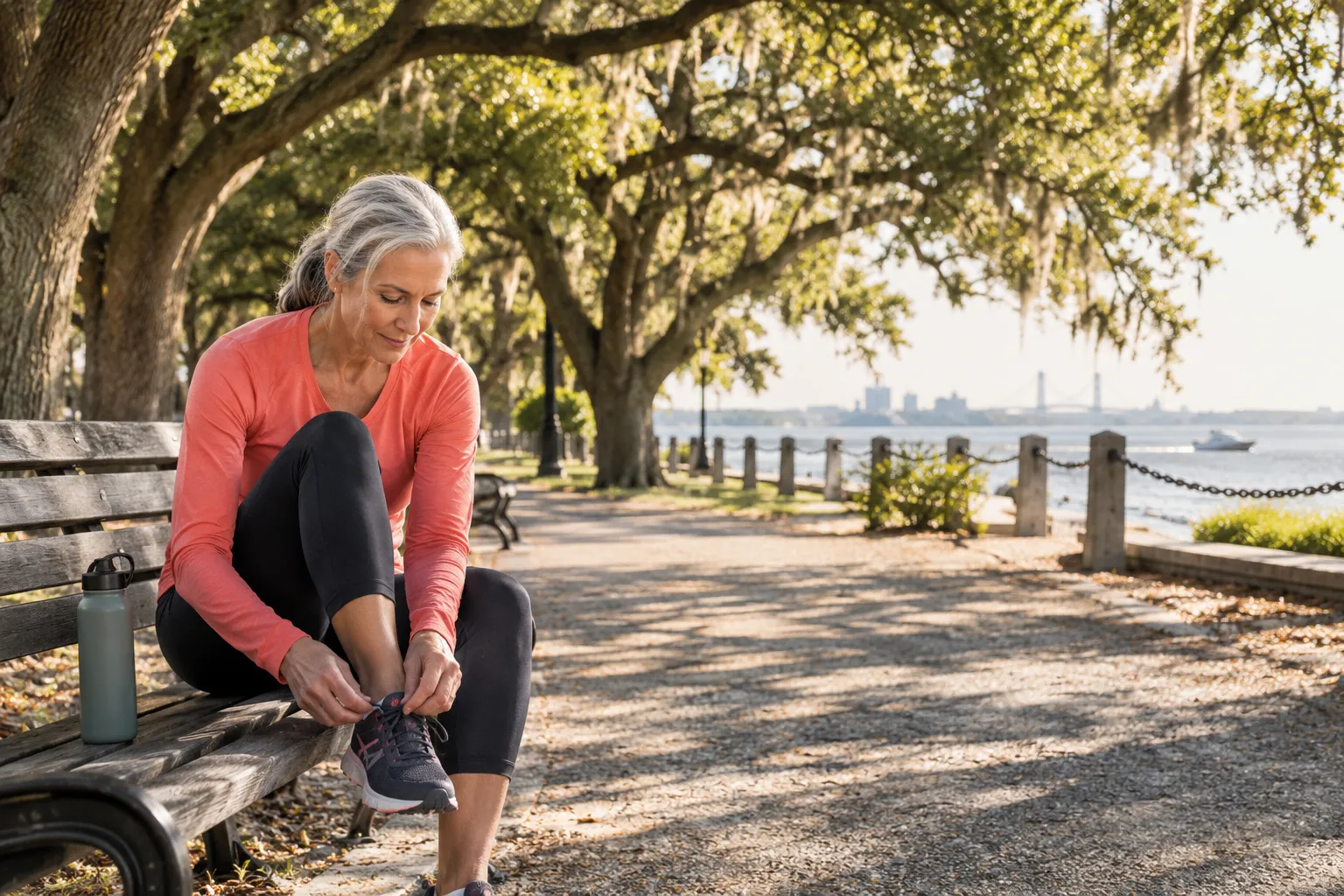 Woman in her sixties lacing her shoes, staying motivated to exercise after 60.