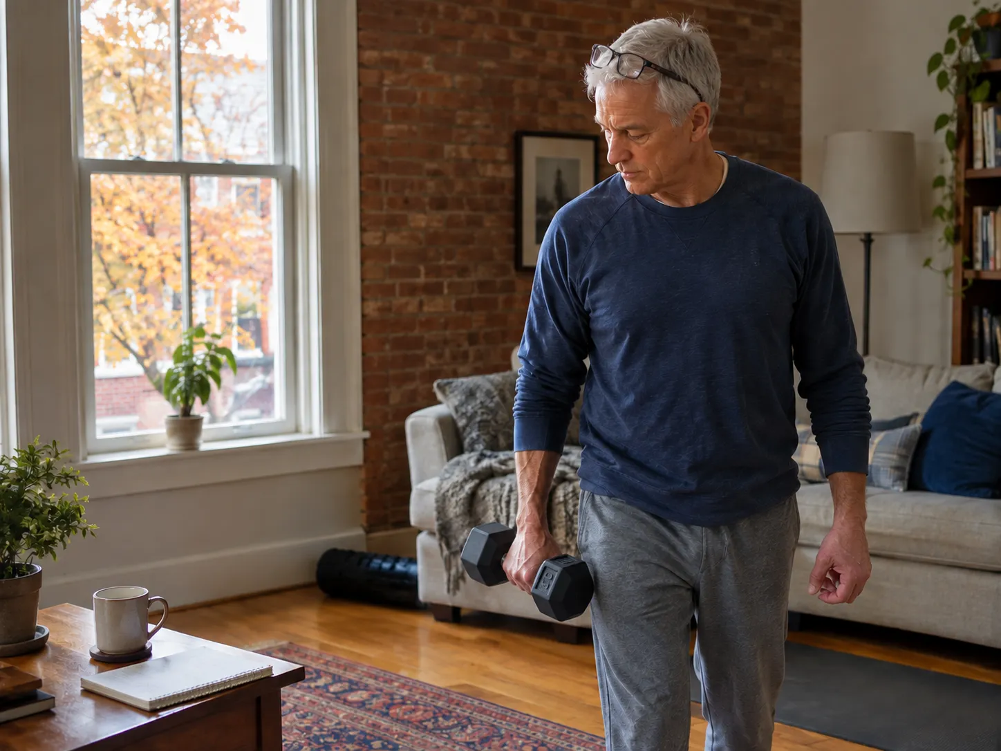 Woman checking a workout journal app on her phone after a strength session at home.