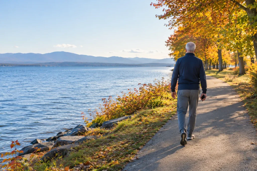Exercise motivation for older adults shown in a confident morning walk.