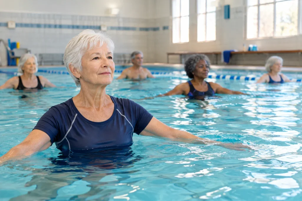 Older woman doing water aerobics in an indoor pool, low-impact exercise tracking.