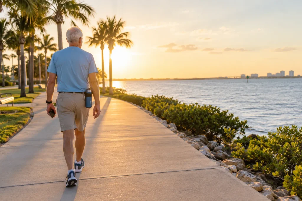 Walking Sarasota Bay's trail while tracking progress with a ghost rank fitness app.