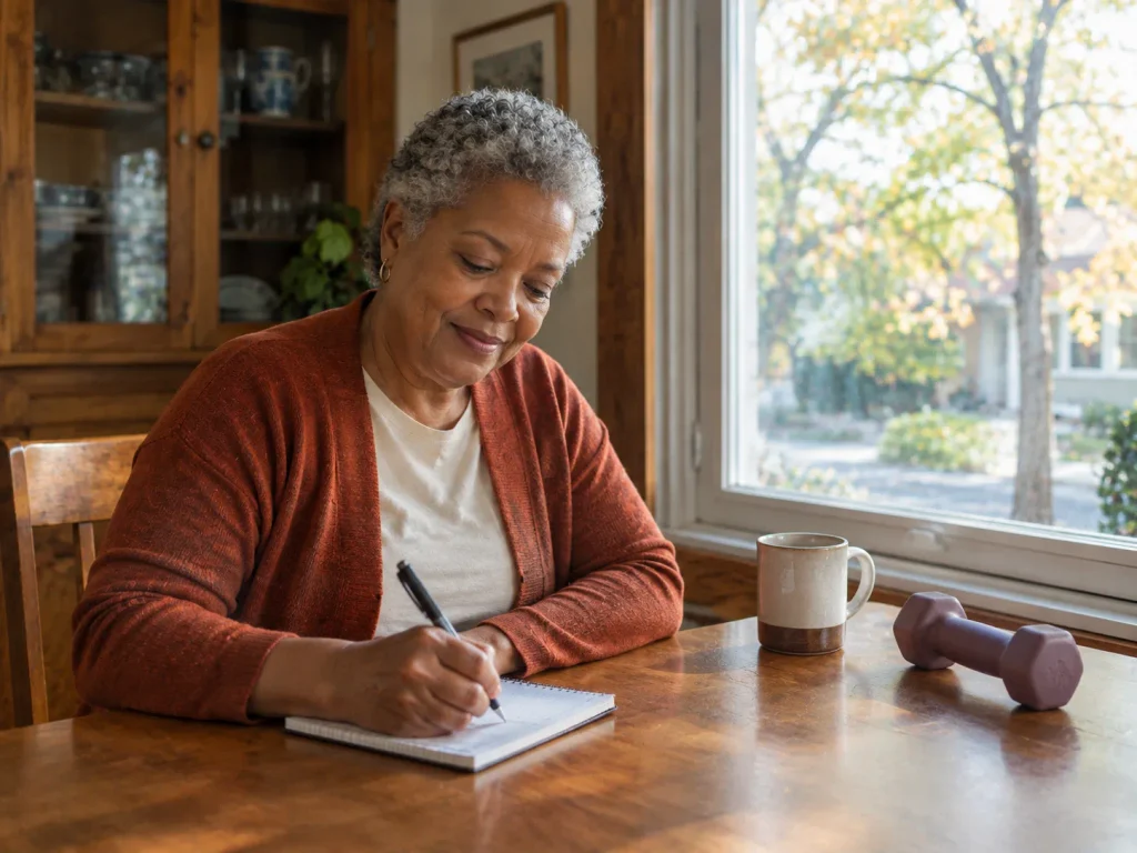 Woman writing in a strength training log for older adults at her kitchen table.