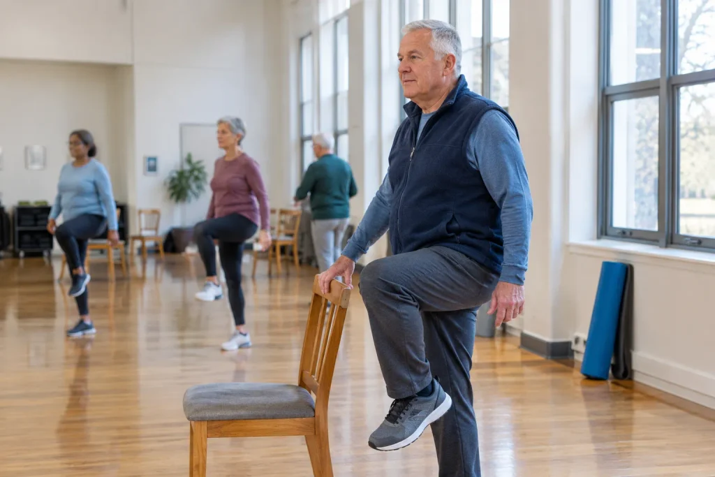 Senior-friendly fitness app routine reflected in a real chair-assisted balance class.