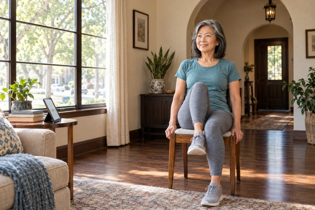 Older woman doing a seated chair routine at home, logged in a workout tracker for seniors.