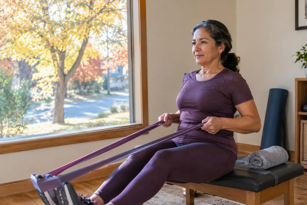 Low-impact workout tracker routine using a resistance band for a gentle start.
