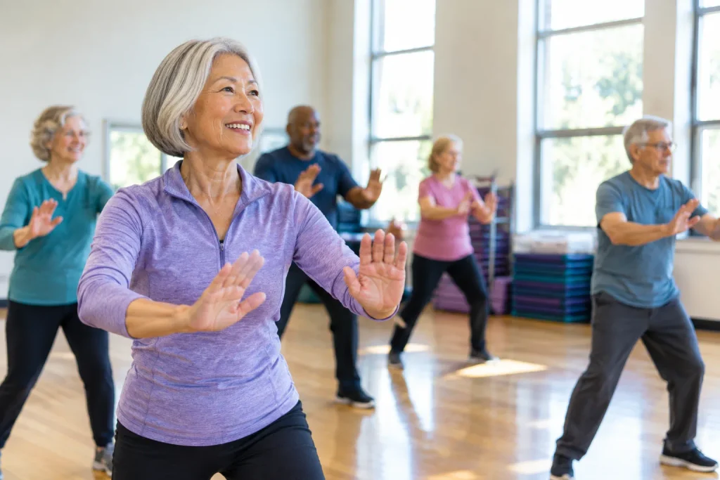 Staying consistent with exercise after 60 in an age-matched group class.
