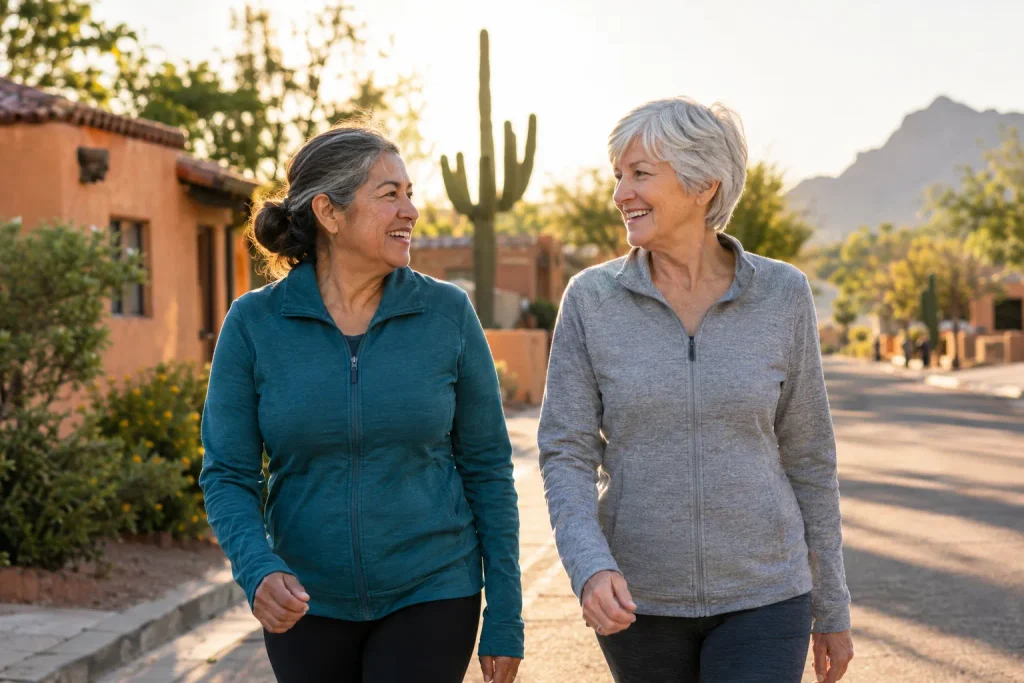 Autonomy and exercise motivation shown in two neighbors choosing to walk together.